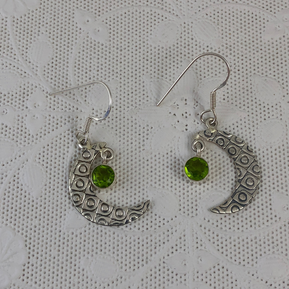 Peridot 925 Silver Earrings Moon and Stars Tonight - Picture 3 of 4